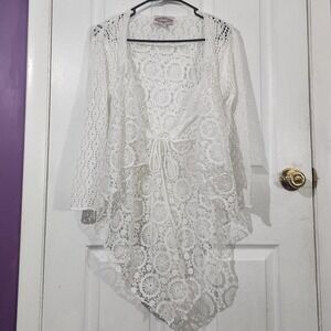White Crochet Kimono Tie Front Cardigan